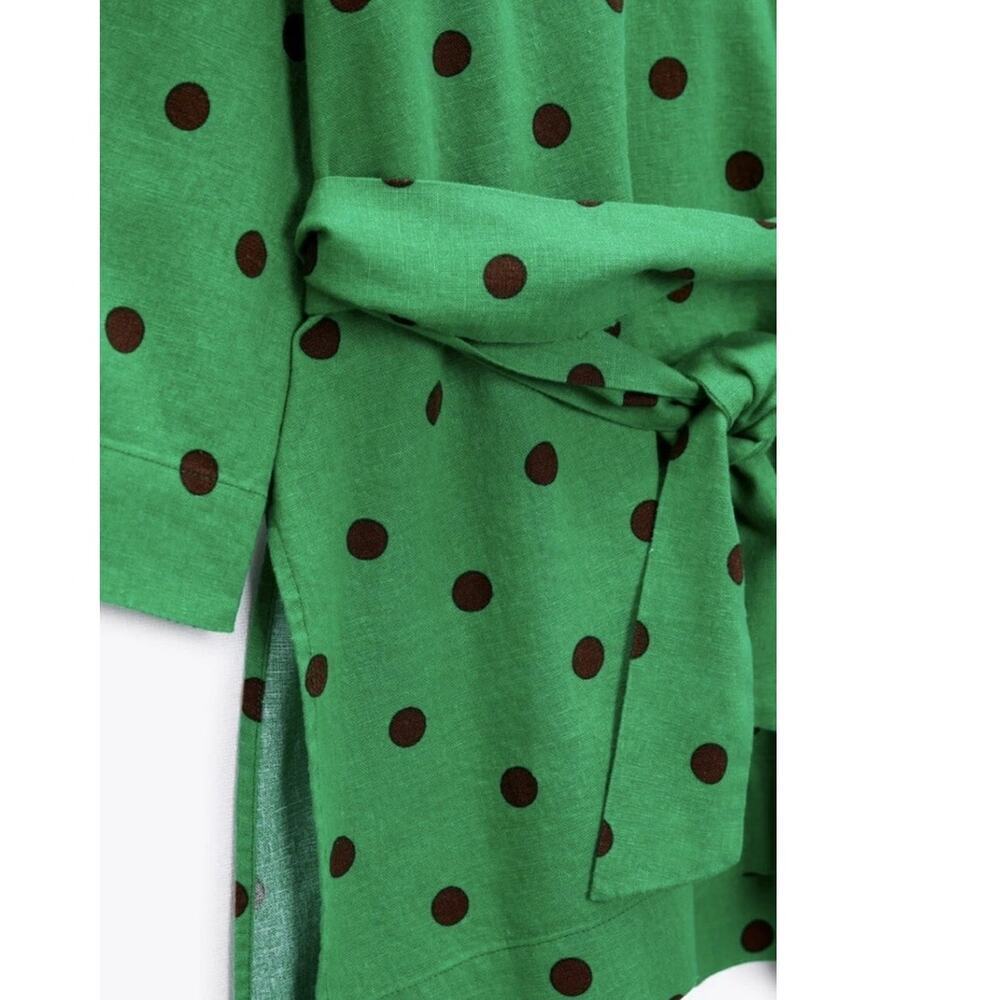 Zara Belted Top Blouse Womens Sz XL Polka Dot Linen Blend Kaftan Tunic Retro - Picture 4 of 8